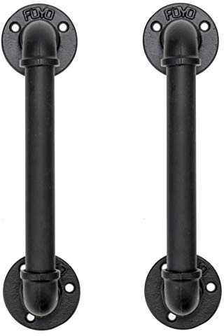 FOYO Set of 2 Industrial Pipe Door Pull Handle, Grab Bar, Towel Bar, Antique Rustic Cast Iron Handrail - Matte Black, 12 Inch