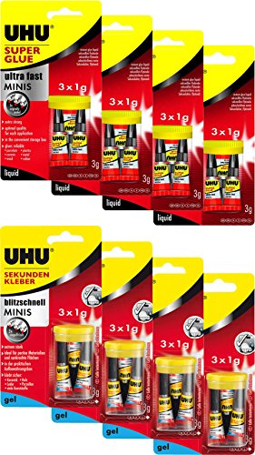 UHU 45415 + 45370 Sekundenkleber Blitzschnell Minis Kombi-Set (4 Packungen flüssig + 4 Packungen Gel)