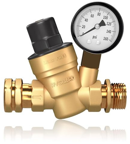 RVGUARD RV Water Pressure Regulator Valve, Brass Lead-Free Adjustable Water Pressure Reducer with Gauge and Inlet Screen Filter for RV Camper Travel Trailer
