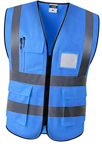 Milageto Gilet de Sécurité Réfléchissant Mesh Vêtements de Travail Respirants avec Poches et Fermeture, Bleu, Taille Trop Petite, Veuillez Choisir Taille Supérieure, XXL
