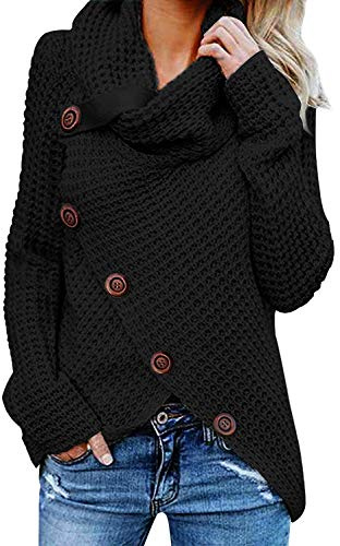 Tuopuda Femme Pull à Manches Longues Chandail Elégant Pullover Col Roulé Hauts Tricot Sweater avec Boutonné Croisé Tricot Décontracté Ourlet Asymétrique Automne Hiver, Nior, S