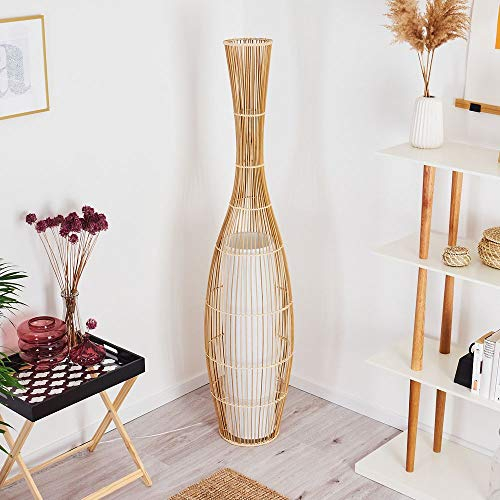 HOFSTEIN Stehleuchte Saranda, Vintage Bodenleuchte aus Bambus/Stoff in Natur/Weiß, Ø 24,5 cm, E27-Fassung, max. 60 Watt, Stehlampe im Boho-Style mit Fußschalter am Kabel, LED geeignet