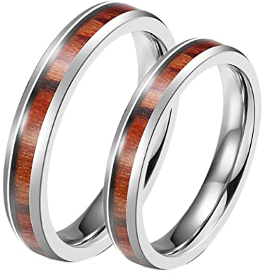 Beydodo Anillo con Grabado Anillos Parejas Novios,Anillos Acero Inoxidable Anillo 4mm Anillo Plata Marrón con Grano de Madera Anillo Mujer 14(54mm) + Hombre 14(54mm)