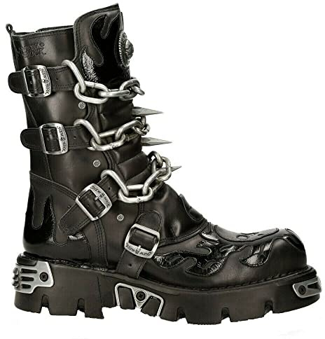 New Rock 727-S1 Metallic Black Leather Spikes Gothic Mid Calf Punk Rock Boots 9