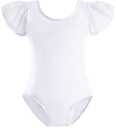 Stelle Girls Leotards Black Ballet Dance Leotards Ruffle Short Sleeve Gymnastics Outfits (White, 100)