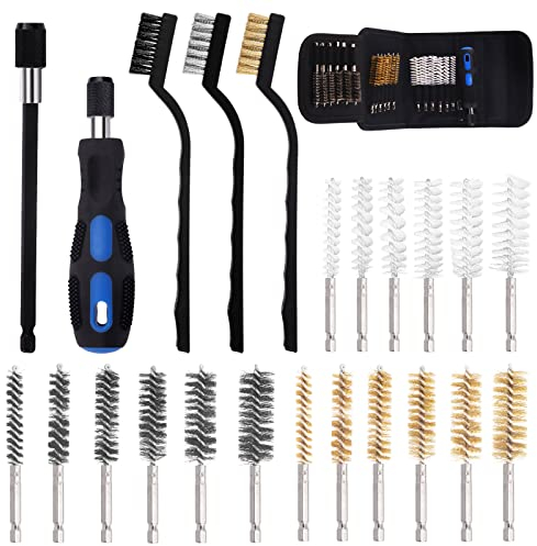 Swpeet 24 Stück 3 Materialien 6 Größen Bohrung Drahtbürste mit Drahtschnäpper Bürsten-Set, Edelstahl, Messing, Nylon Reinigungsbürste mit Griff und gedrehter Drahtreinigungsbürste – 1/4 Zoll