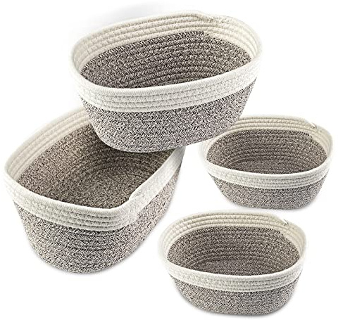 Relota 4Pcs Panier de Rangement en Corde Tissée, Empilables Paniers en Corde de Coton, Décoratifs Organisateurs de Corbeille Salle de Bain, Pour Étagère, Armoires, Jouets Bébé, Maquillage, Vêtements
