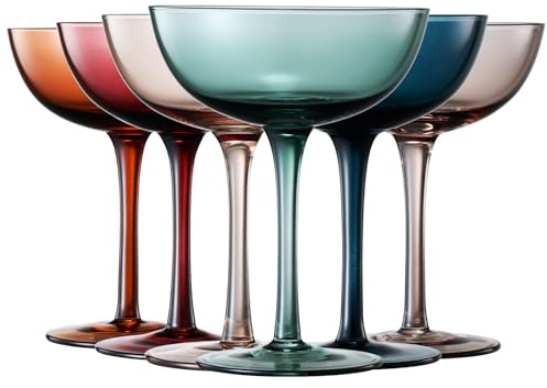 Beautiful Colored Martini, Champagne & Cocktail Luxury Coupe Glasses | Set of 6 | Crystal 6 6oz - Stemmed Goblet Drinking Cups, Color Gift Set - Her, Wife & Mom - Colorful Drinkware - Water, Wine