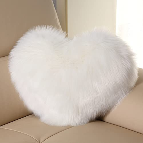 Somerway Coeur Moelleux oreillers Fausse Fourrure Amour Coeur Coussins décoratifs en Peluche Oreiller Lombaire Dos canapé Coussin pour Chambre canapé lit décor Blanc