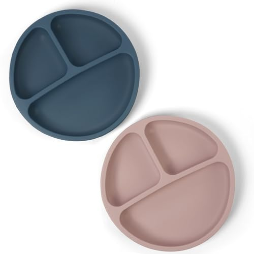 Aolso Assiettes en Silicone avec Ventouse pour Bébé, 2PCS Assiette Ventouse Pour Bébé, Ustensiles pour bébé, Incassable Divisées- Passe Au Lave-vaisselle et Au Micro-ondes (Marron/Gris foncé)