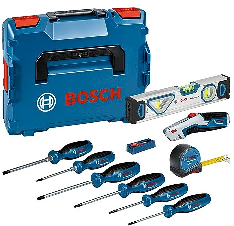 Bosch Professional Set di utensili manuali da 13 pezzi (incl. 6 cacciaviti, 1 metro a nastro da 5 m, 1 livella da 25 cm, 1 coltello, 10 lame di ricambio, 2 inserti per L-BOXX, L-BOXX)