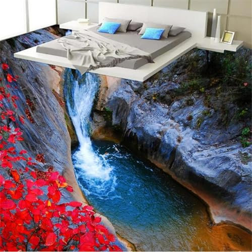 Badezimmerbodenaufkleber Gebirgsbach, rote Blätter, 3D-Bodenbelag, Malerei, Tapetenwandbilder, 430 x 300 cm Selbstklebend Abnehmbarer Küchenbadboden Boden, Epoxidharz