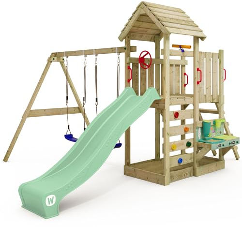 WICKEY Spielturm Klettergerüst MultiFlyer Holzdach mit Schaukel & Rutsche, Kletterturm mit Holzdach, Sandkasten, Leiter & Matschküche - pastellgrün