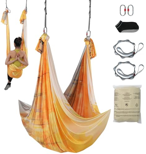 VEVOR Aerial Yoga Hammock & Swing, 5.5 Yards, Aerial Yoga Starter Kit with 100gsm Nylon Fabric, Full Rigging Hardware & Easy Set-up Guide, Antigravity Flying for All Levels Fitness Bodybuilding, Gold