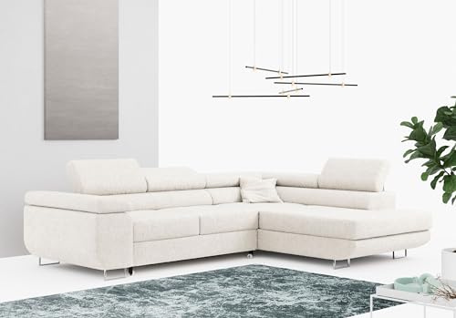 MKS MEBLE Ecksofa Wohnzimmer - Wohnlandschaft - Schlafsofa mit Bettkasten - Polstersofa mit Schlaffunktion - Boucle L Couch - Gustaw - Rechts - Weiß (Abriamo 4)