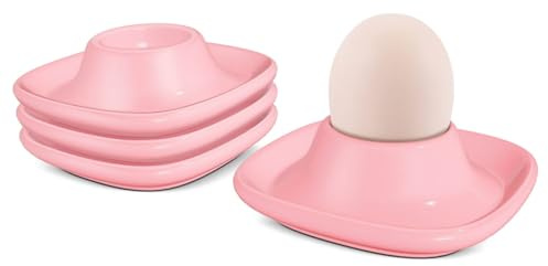 Flexzion Soft Boiled Egg Holder Set - 4-Piece Pink Ceramic Egg Cup, Stackable Egg Coddler Cups with Base for Serving, Breakfast, Brunch - Kitchen Table Decor, Pink