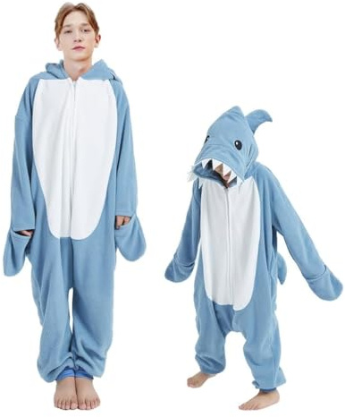 Udekit Tecknad sparkdräkt, blå haj käke söt pyjamas, Romper, cosplay kostym för barn och vuxna för karneval och halloweenfest, Blå, S