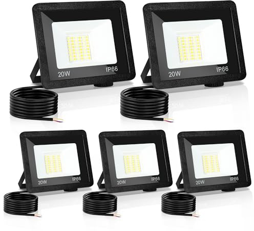 Yakimz 5 spots LED d'extérieur, 20W super lumineux projecteur d'éclairage extérieur, IP66, 3 températures de couleur réglables, angle de faisceau 120° Projecteur pour cour, garage, jardin