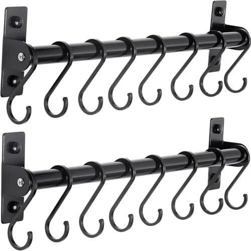 Pot Pan Racks, Kitchen Utensil Holder Hanger, Wall Mounted Pots and Pans Hanging Rack Rail with 8 Hooks, Organizer for Hanging Knives, Pot and Pan, Cooking Utensils, Mugs, Spoons, Black, Pack of 2