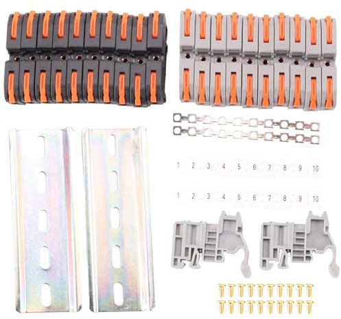 casstaly Kit morsettiere per guida DIN, con connettori universali compatti, barra di collegamento, striscia di segnalazione, viti, 28-12 AWG