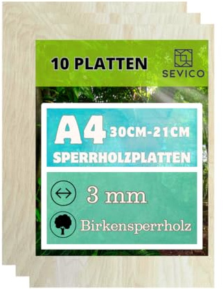 Sperrholzplatten 3-6mm | Multiplex Zuschnitte A3 (42x30cm), A4 (30x21cm) & 60x40cm | Ideal für Modellbau, Laserschnitt, Basteln | Hochwertige Birkenholz Qualität SEVICO