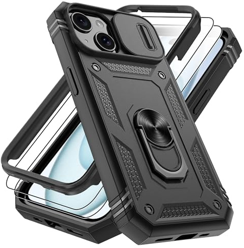 Pilaru 3 in 1 for iPhone 15 Case |With Front Frame| [2 Separate Screen Protectors] & Kickstand Ring & Camera Cover Military Grade Drop Shockproof Protection for iPhone 15 Phone,Black