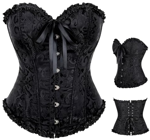panemy Corsetto per Donne, Corpetto Top in Pizzo, Sexy Burlesque Overbust Corsetti Bustino Vintage Gotico Nero, Stringivita Modellante Dimagrante Corsetto Bustino per Halloween,Carnevale,Cosplay,Feste