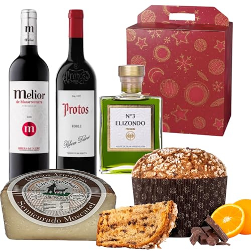 ENOVINOS Cesta Gourmet Regalo Navidad Empresas, Familia y Amigos - Caja con Vino Melior Matarromera, Protos, Aceite Elizondo 200ml, Queso Molinos y Panettone Antonella Chocolate y Naranja