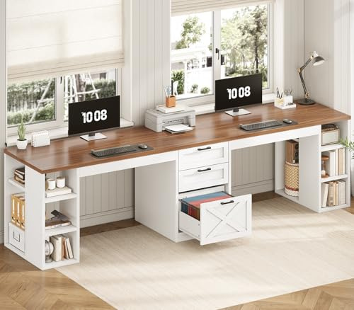 SEDETA Farmhouse 96.5 Computer Desk with Drawers, 2 Person Home Office Desk, Gaming Double Desk with Storage Shelves, Long Two Person Writing Desk (White and Brown)