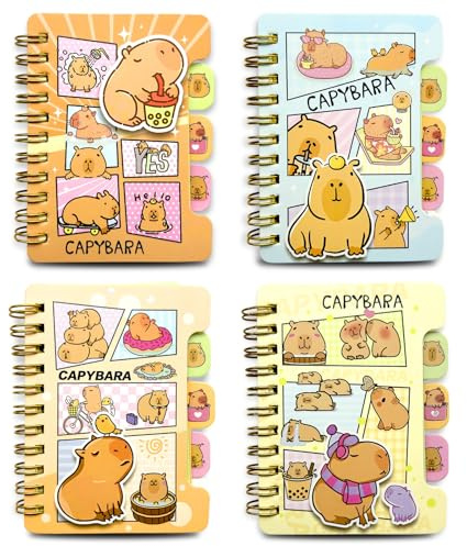 Capybara Cahier Spirale, 4 Pièces Notebook, Carnet de Notes, Petit Bloc Notes à Spirale Supérieure, Mini Cahier à Feuilles, Cahier à Spirale, Carnet de Notes, pour Femme Homme Travail de Bureau