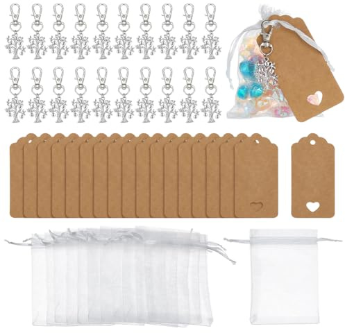 AHANDMAKER Set di 24 portachiavi con albero della vita, biglietti di ringraziamento e sacchetti in organza, con albero della vita, per creare portafortuna, regali di riunione di famiglia