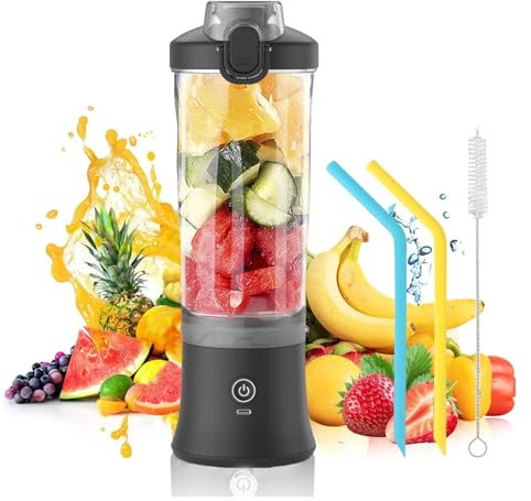 Licuadora portátil de 600 ml, exprimidor eléctrico de frutas, 4000 mAh, recargable por USB, mini licuadora, exprimidor personal, colorido (negro)