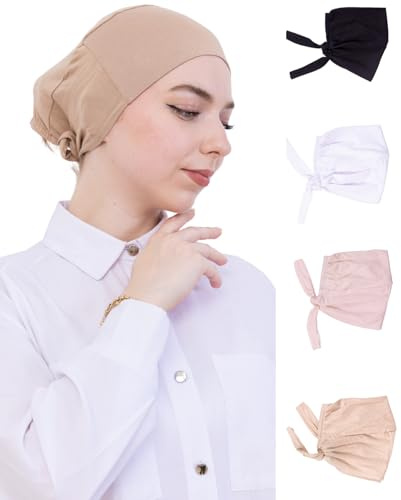 Prien 4 Stück Cap Hijab Für Damen, Kopftuch Frauen Turban Set, Baumwolle Muslim, Islamische Kopftücher Sommer Hut, Kopfbedeckung Das Gebet, Chemo (Schwarz, Weiß, Beige, Dunkelnerz)