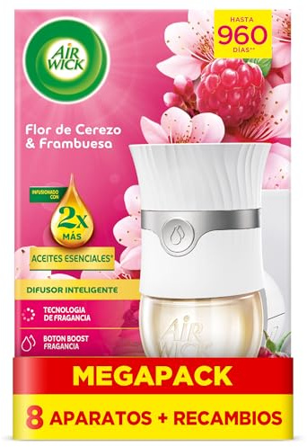 Air Wick Eléctrico Aparato y recambio de ambientador automático eléctrico, con aroma a Flor de Cerezo & Frambuesa - 8 Aparatos + 8 Recambios, El embalaje puede variar