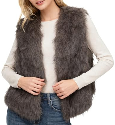 Amazhiyu Gilet in pelliccia sintetica da donna, per autunno e inverno, senza maniche, in pelliccia sintetica, grigio., M