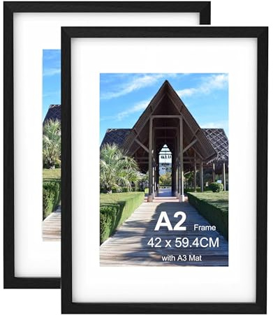 Szyeequoo A2 Picture Frames Black 2 Pack, Large 42 x 59.4 cm Wooden Poster Frames with Mount for A3 29.7 x 42 cm Display, Clear Acrylic Front, Wall Hanging for Artwork Certificates