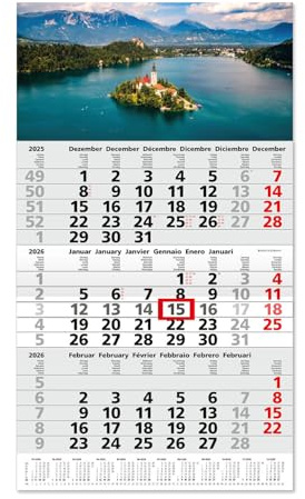 Timr 3-månaderskalender 2026 årsöversikt - 53 cm - Internationell flerspråkig D/GB/F/I/E/NL - Väggkalender med skjutmarkör - Motiv Sjö I tr349