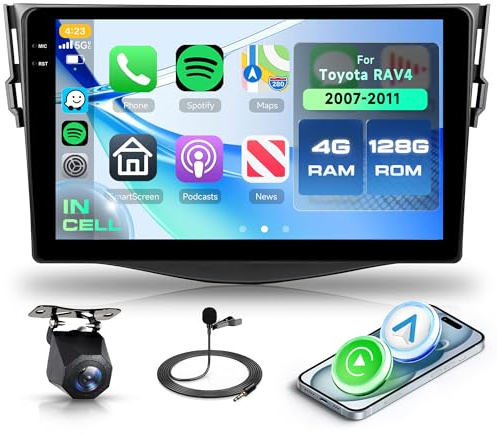 4G+128G Android Radio de Coche para Toyota RAV4 2007-2012 9 Pulgadas Pantalla IN-CELL Radio Wireless Carplay con Android Auto Navegación GPS Mirror Link Bluetooth WiFi/FM/RDS/EQ/SWC/USB Cámara Trasera
