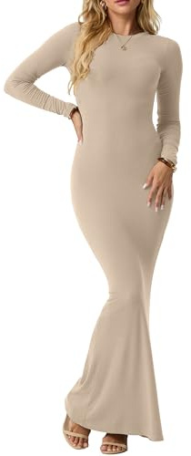 IWOLLENCE Bodyconklänning damer långärmad maxiklänning elegant figurnära ribbad klänning rund hals lång tajt klänning sexig maxiklänning, kaki, S