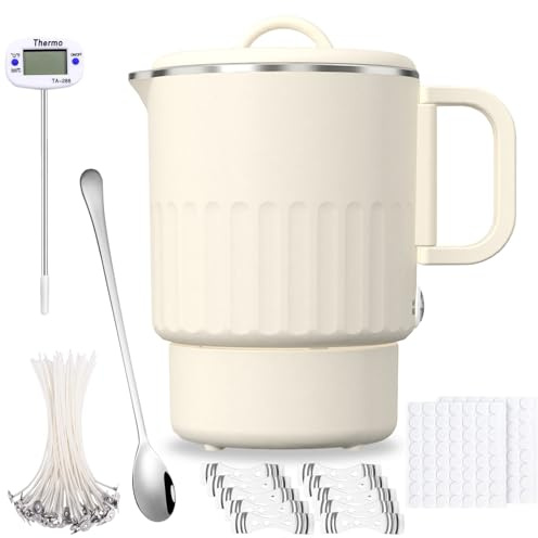 Elektrischer Wachsschmelzer für die Kerzenherstellung, Kerzen Selber Machen Set Zubehör mit Wachsschmelztopf 1L/35oz,Thermometer, 100 Kerzendochte, 100 Docht Aufkleber, 10 Dochthalter und Rührlöffel