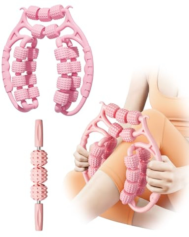 AwnPror Massage Roller for Legs,21 Wheel Circular Leg Clamp+3 Wheel Massage Roller Stick Lymphatic Massage for Relieve Soreness Stiffness Tight Muscles Deep Tissue-Pink