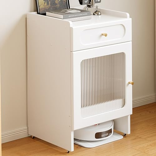 HARELA Robot Vacuum Stand Cabinet, Hidden End Side Table, Smart Sweeper Cabinet with Acrylic Doors, for Bedroom, Living Room, Dorm Room, Hallway, Entryway(White B)
