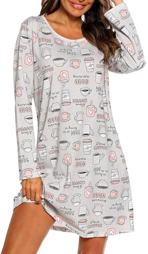 MIA LUCCE Nattlinne damer långärmade nattskjortor nattkläder bomull sovskjorta sovklänning hemklänning damer nattskjorta mjuk och lätt loungewear nattlinne för kvinnor, Grå kaffekopp, XL