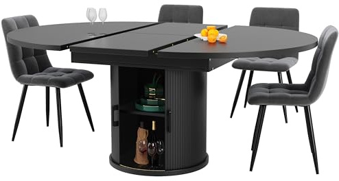 ZYLOYAL10 Esszimmertisch, Esstisch ausziehbar, Küchentisch, balkontisch, ausziehbare Tischplatte Runder Esstisch, ausziehbar zu oval, 118-158 cm, Platz für bis zu 6 Personen (Schwarz)