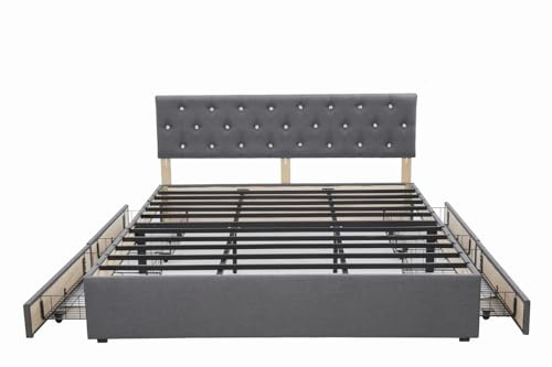 Panana Bed Frame Upholstered Platform with 4 Storage Drawers and Adjustable Headboard, Sturdy Metal Slats Support, No Box Spring Needed, Easy Assembly (Headboard with Crystals, 5FT King)