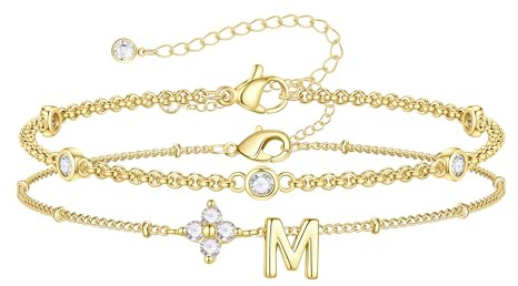 TINGN Armband Damen Gold - 14K Gold Vergoldete Vierblättriges Kleeblatt Armband mit Buchstaben CZ Armbänder Layered Buchstabe Armkette Damen Personalisierte Geschenke für Frauen Freundin Schmuck