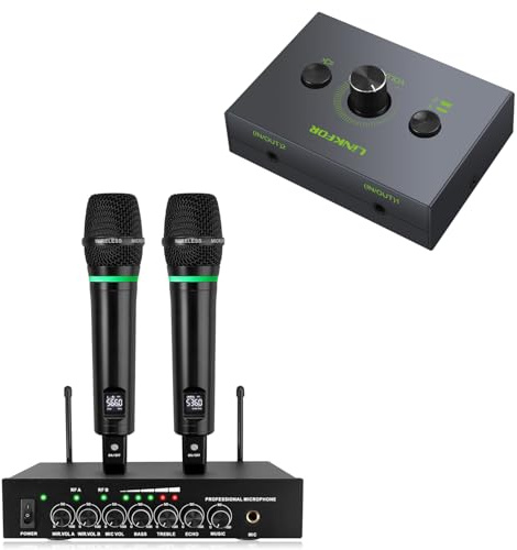 LiNKFOR 3.5mm Stereo Audio Switcher Support 1 In 2 Out or 2 In 1 Out + UHF Rechargeable Wireless Microphone System Bluetooth 5.0 Receiver with 6.35mm RCA Output and RCA MIC Input