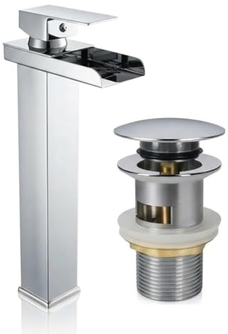 Miscelatore Monocomando a Cascata Alto per Lavabo, Rubinetto Bagno Moderno in Acciaio Cromato, Design Squadrato con Aeratore Anticalcare e Risparmio Idrico, Altezza 320mm
