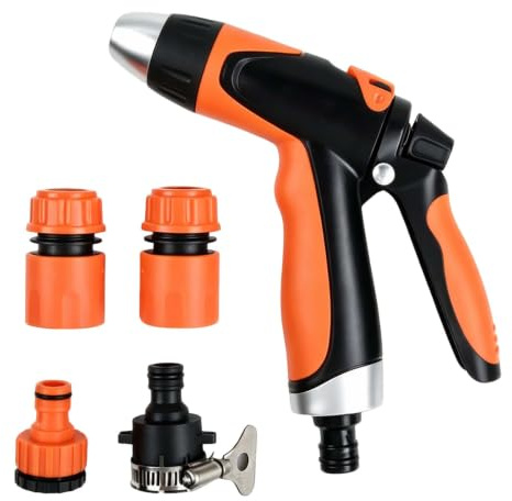 Pistolet d'arrosage Metal, Pulvérisateur de Jardin 4 Réglables, Pistolet Arrosage Haute Pression avec 4 Accessoires, Embout Tuyau Arrosage pour Lavage Voiture,Nettoyage Jardin,Douche Animaux