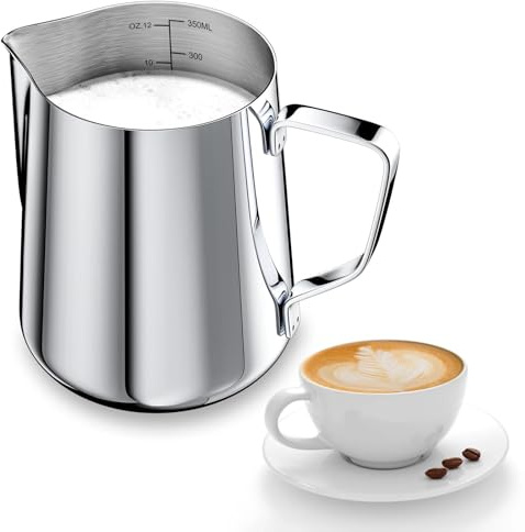 Aevorine 350ml Jarra Leche Barista 304 Acero Inoxidable, Jarra de Leche con Marca de Medición 12oz, Jarra Cafe para Capuchino, Espresso, Latte Art, Perfecta para Los Amantes del Café, Plata